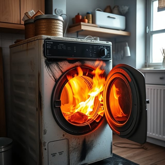 dryer on fire in a kitchen