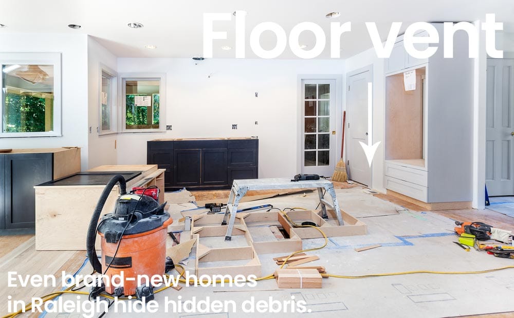 DIY vs. Professional Duct Cleaning in Raleigh: What's the Safer & Smarter Choice? 4 HVAC ductwork filled with drywall dust in new construction home in Raleigh