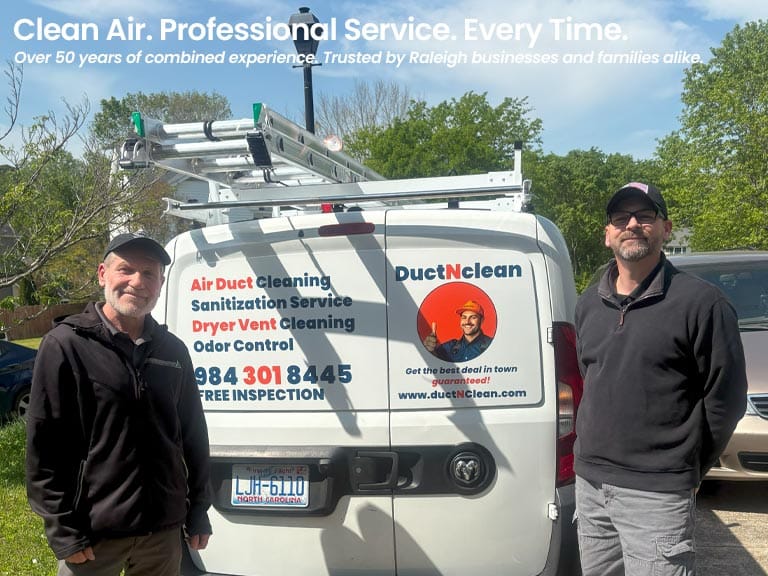 Commercial Duct Cleaning in Raleigh NC: Why It’s Essential for Your Business 5 DuctNClean commercial duct cleaning service van parked at a Raleigh business with the team