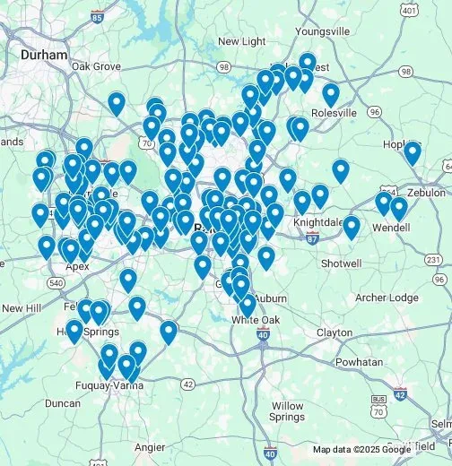 Service map showing duct cleaning coverage for schools and daycares in Raleigh and Wake County