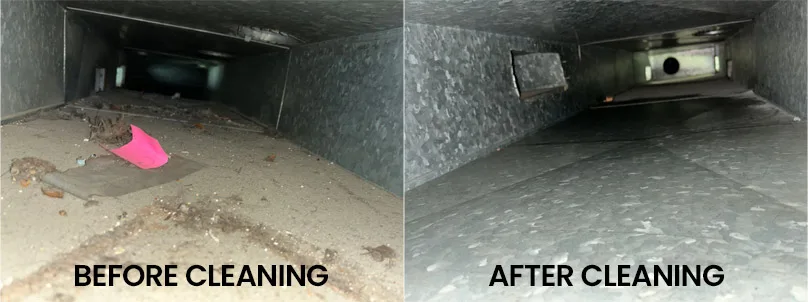 Before and after photo of duct cleaning to remove dust and mold allergens