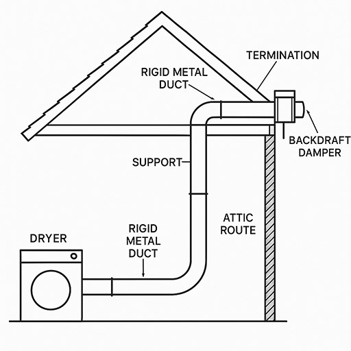 Dryer Vent Cleaning Raleigh: Full Guide to NC Building Code & Local Regulations 2 attic dryer vent installation diagram in Raleigh NC