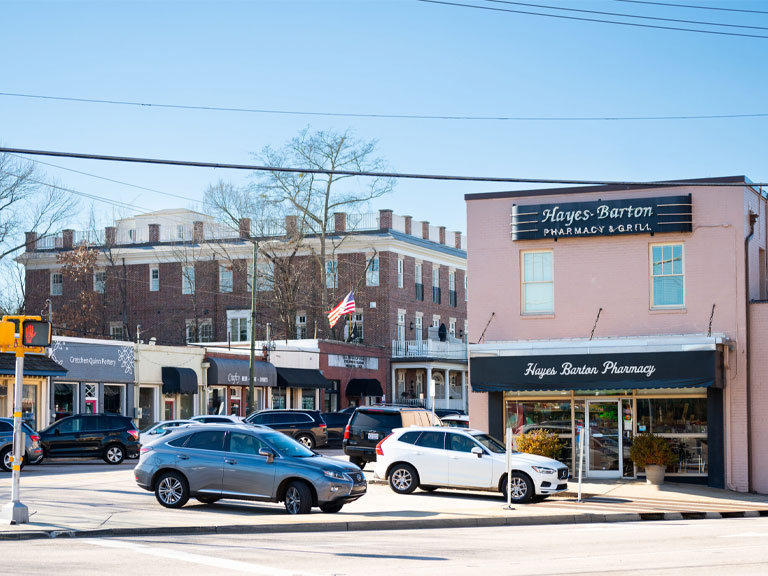 Five Points Raleigh NC neighborhood – historic Craftsman and Colonial Revival homes under oak trees, ideal area for air duct cleaning and mold remediation services