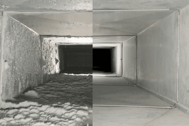 durty air duct on the right and clean one on the left showing why air duct cleaning is essential in the Raleigh area